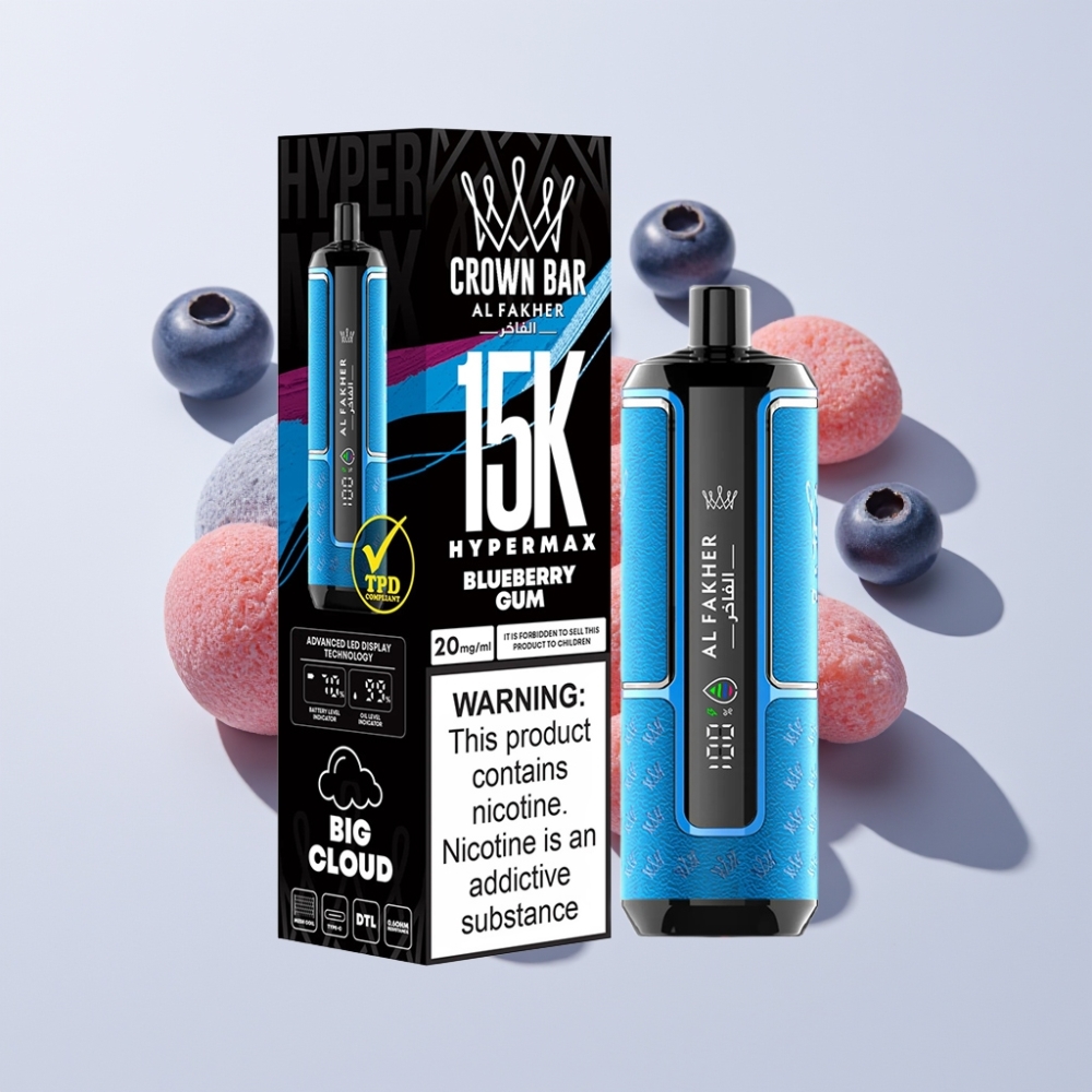 Al Fakher Crown Bar 15K Hypermax Einweg-Vape Kit Blaubeerkaugummi – 22ml, 600mAh, Type-C, Schweiz großhandel