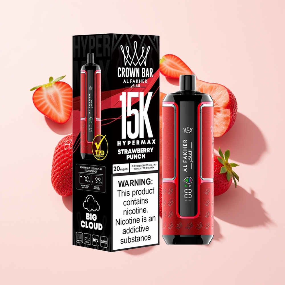 Al Fakher Crown Bar 15K Hypermax Einweg-Vape Kit Erdbeer Punsch – 22ml, 600mAh, USB-C, 15.000 Züge, Schweiz Großhandel