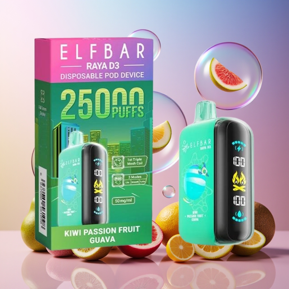 ELF BAR RAYA D3 25000 Puffs Einweg-Vape Kiwi Passionsfrucht Guave mit 23ml E-Liquid, 850mAh Akku, 5% Nikotin – Schweiz Großhandel