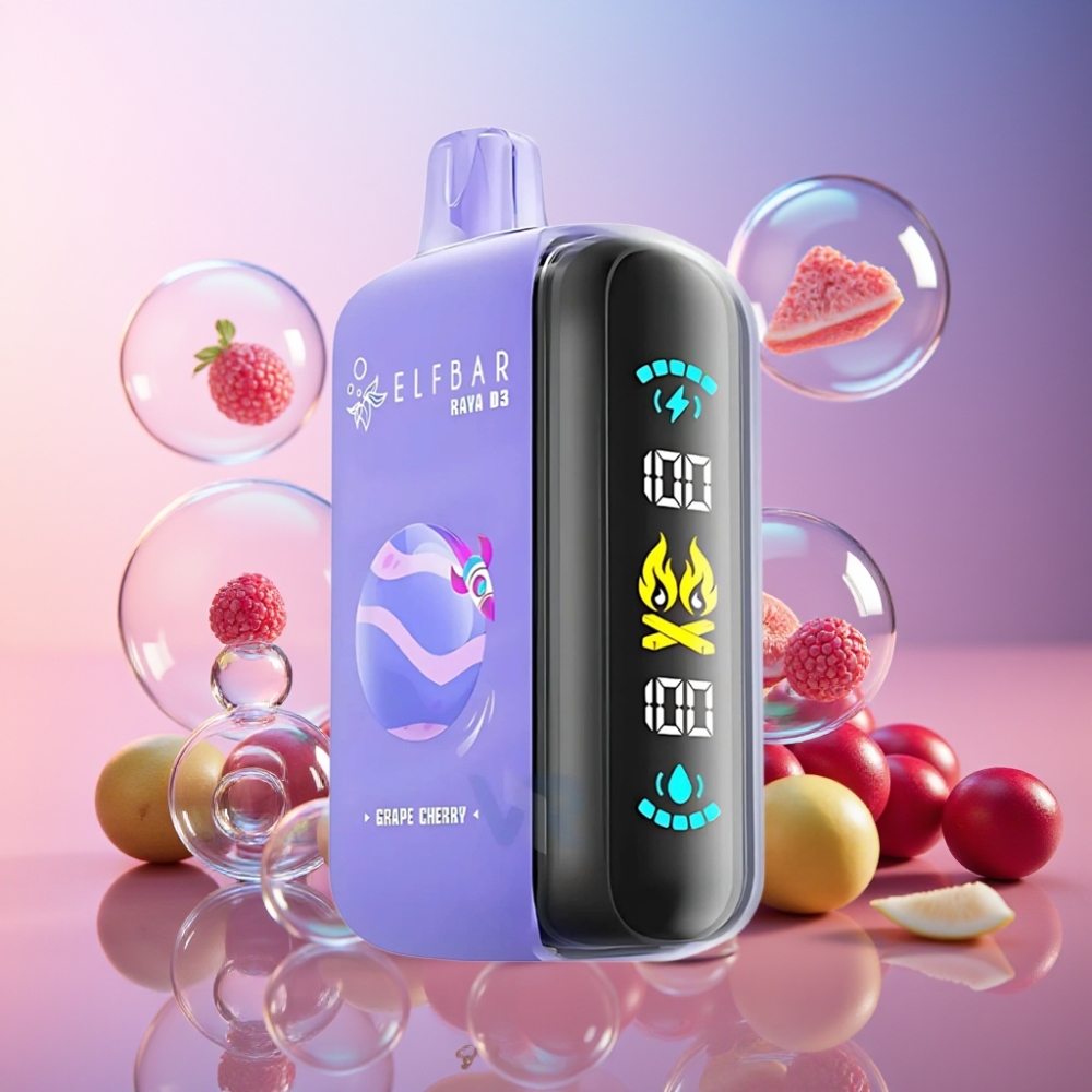 ELF BAR RAYA D3 25000 Puffs Wegwerf-Vape mit 23ml E-Liquid, 5% Nikotin, 850mAh Akku - Grape Cherry - Schweiz Großhandel