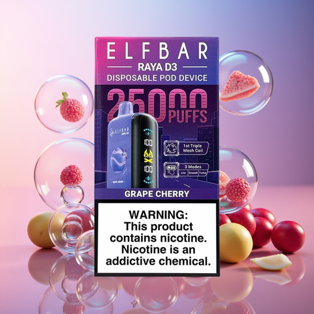 ELF BAR RAYA D3 25000 Puffs Wegwerf-Vape mit 23ml E-Liquid, 5% Nikotin, 850mAh Akku - Grape Cherry - Schweiz Großhandel