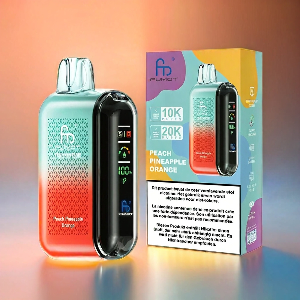 Fumot Tornado 20000 Puffs Schweiz Großhandel – 20000 Züge, Dual Mesh Coil, 20ml E-Liquid, Pfirsich Ananas Orange