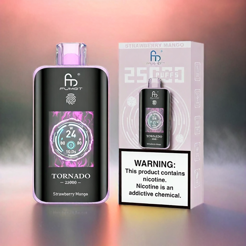 Fumot Tornado 25000 Puffs Erdbeer-Mango Schweiz Großhandel mit HD-Bildschirm, 700mAh Akku, Type-C Ladeanschluss