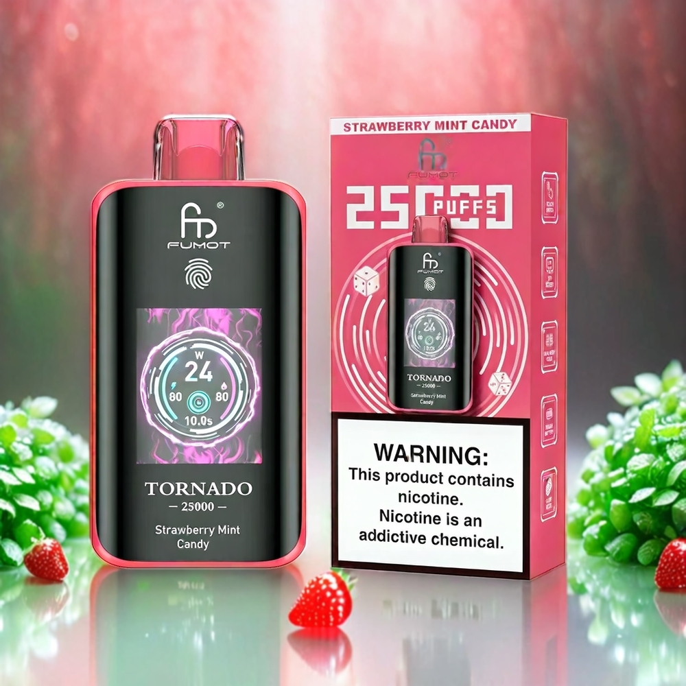 Fumot Tornado 25000 Puffs Schweiz Großhandel mit HD Bildschirm, 700mAh Akku und 20ml Strawberry Mint Candy Geschmack