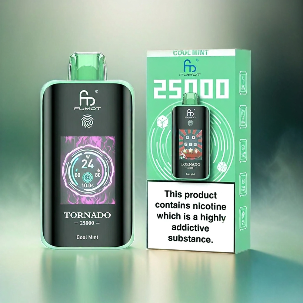 Fumot Tornado 25000 Puffs Vape Kühle Minze mit HD Bildschirm, 700mAh Akku, 20ml Nachfüllung, Type-C Aufladung, Schweiz Großhandel