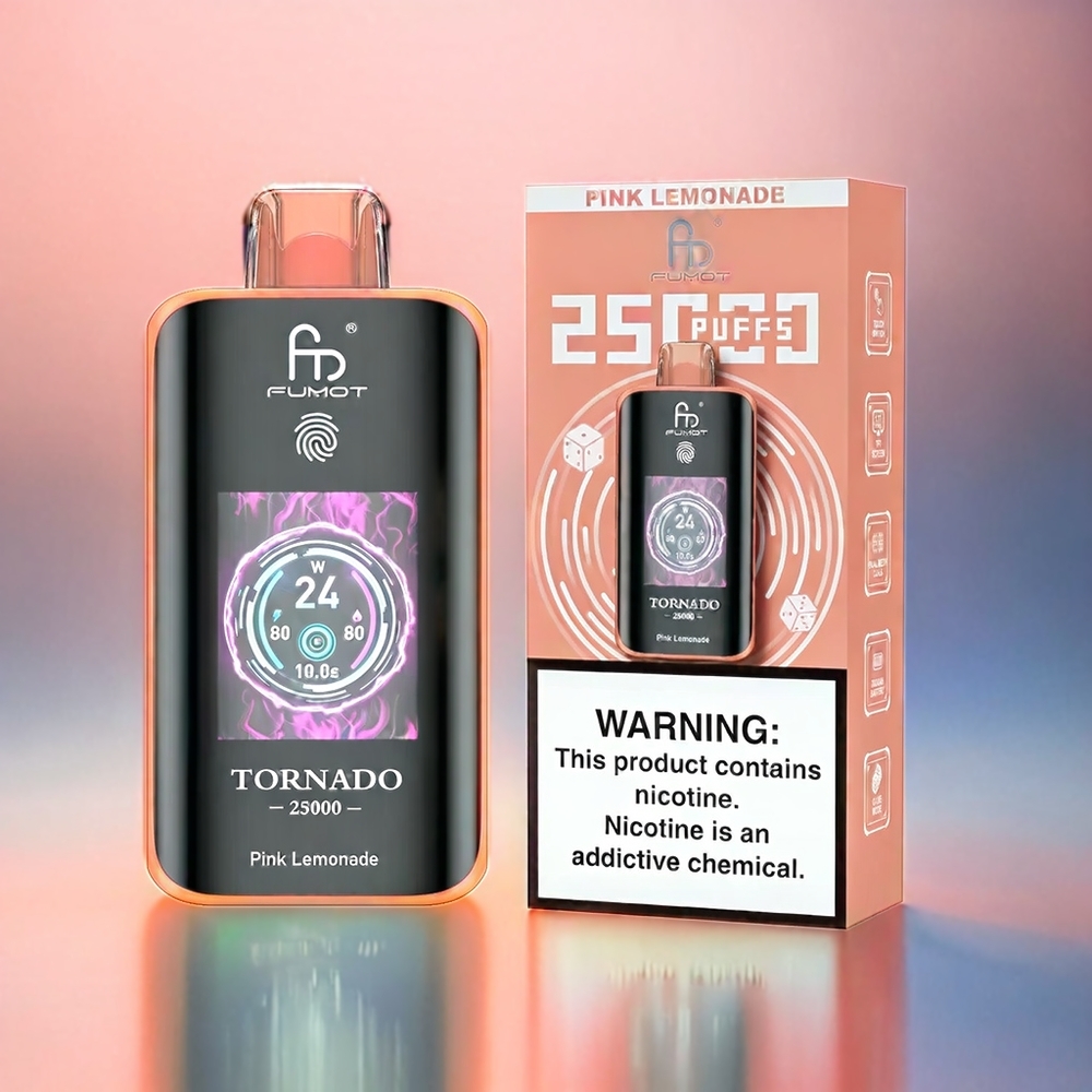 Fumot Tornado 25000 Puffs Vape Pink Lemonade mit HD Bildschirm, 700mAh Akku, 20ml Liquid, Schweiz Großhandel