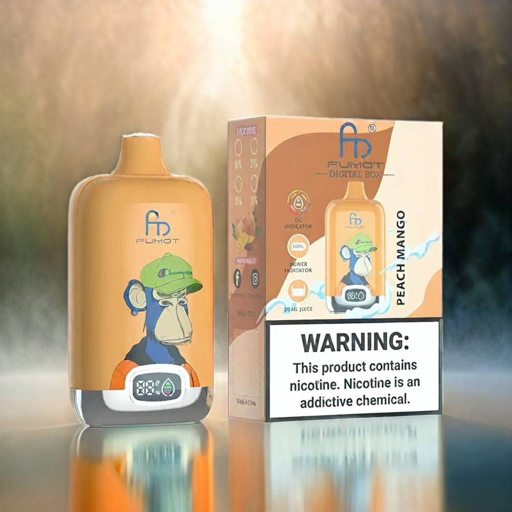 Fumot Tornado Digital Box 12000 Puffs Vape Pfirsich-Mango Schweiz Großhandel 20ml E-Liquid 550mAh Mesh Coil