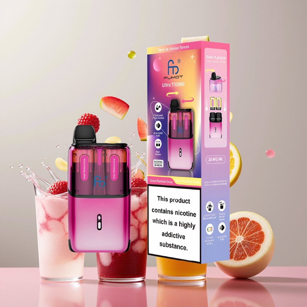 Fumot Ultra T32000 Einweg-Vape Grape Rainbow Drops & Straw Rainbow Drops (32000 Züge, 800mAh, Typ-C, Schweiz Großhandel)