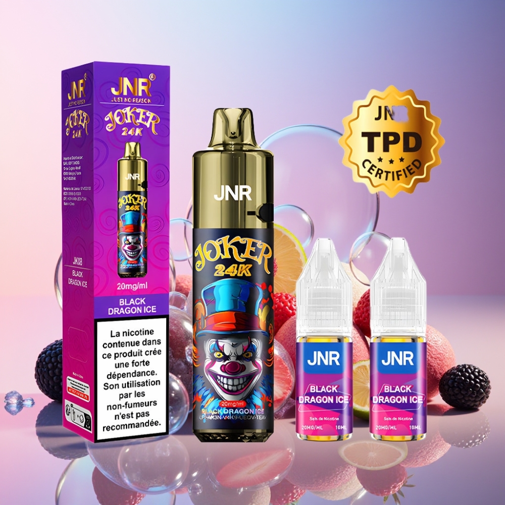 JNR Joker 24K Puffs Einweg-Vape Schwarz Drachen Eis – 2+10ml Nachfüllbar, 800mAh, Typ-C, Schweiz Großhandel