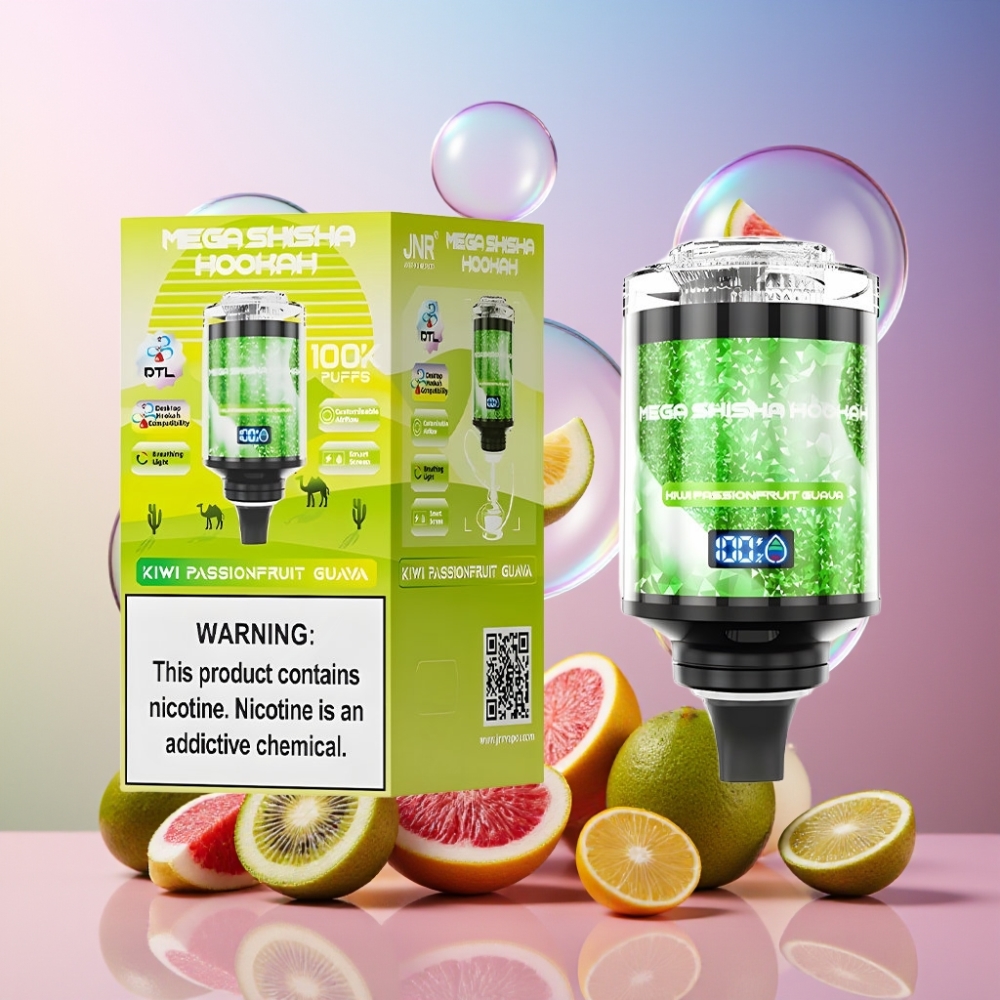 JNR Mega Shisha Hookah 100K Desktop Compatibility – 100000 Züge, 60ml Tank, 2200mAh Akku, Typ-C Ladung, Schweiz Großhandel – Kiwi Passionsfrucht Guave