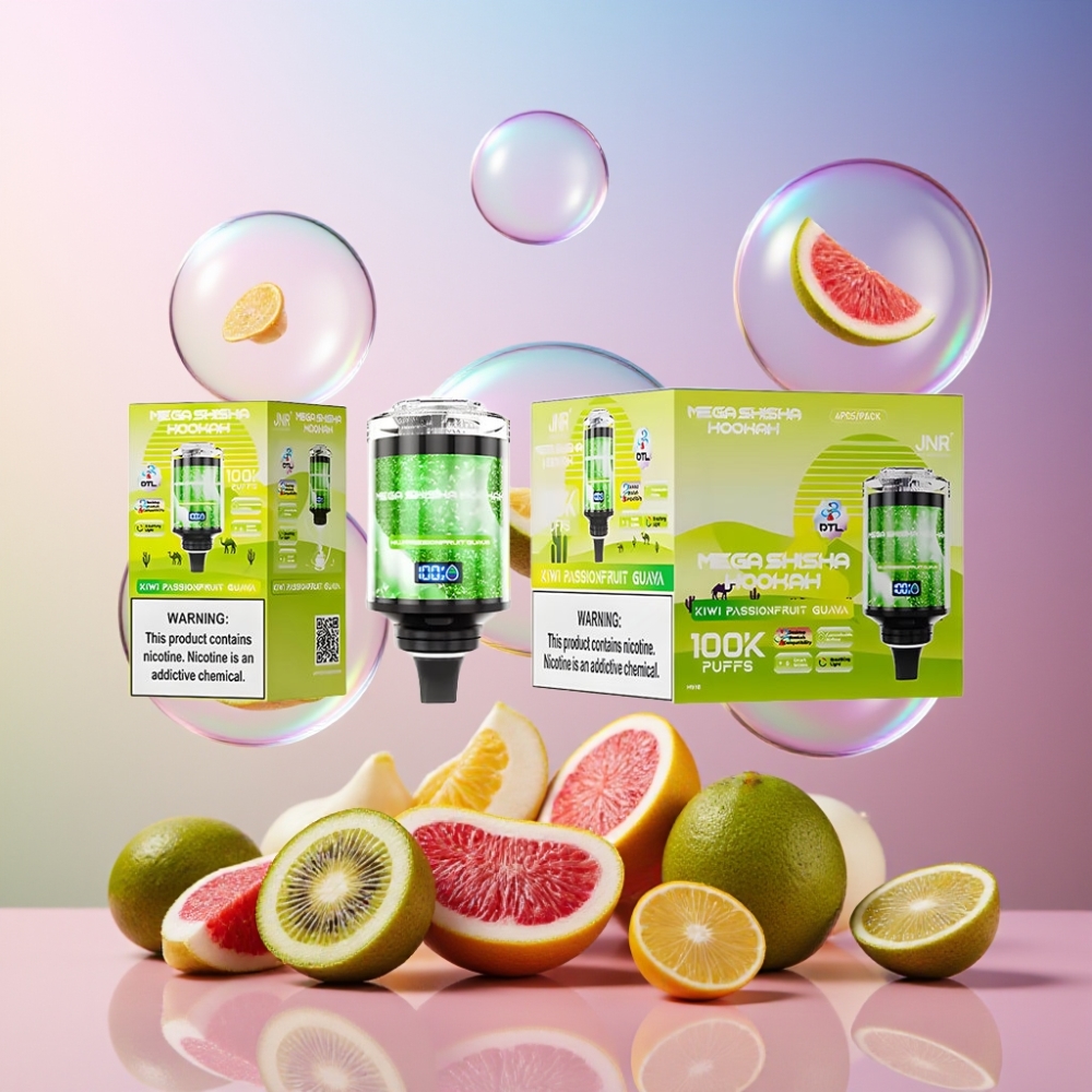 JNR Mega Shisha Hookah 100K Desktop Compatibility – 100000 Züge, 60ml Tank, 2200mAh Akku, Typ-C Ladung, Schweiz Großhandel – Kiwi Passionsfrucht Guave