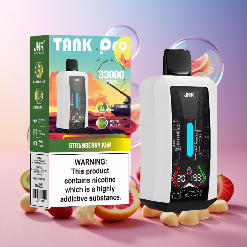 JNR Tank Pro 33000 Puffs Einweg-Vape Erdbeer-Kiwi mit 28ml e-Liquid, Digital Display, Dual Mesh Coil, 850mAh Akku – Schweiz großhandel