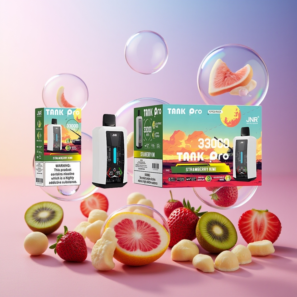 JNR Tank Pro 33000 Puffs Einweg-Vape Erdbeer-Kiwi mit 28ml e-Liquid, Digital Display, Dual Mesh Coil, 850mAh Akku – Schweiz großhandel