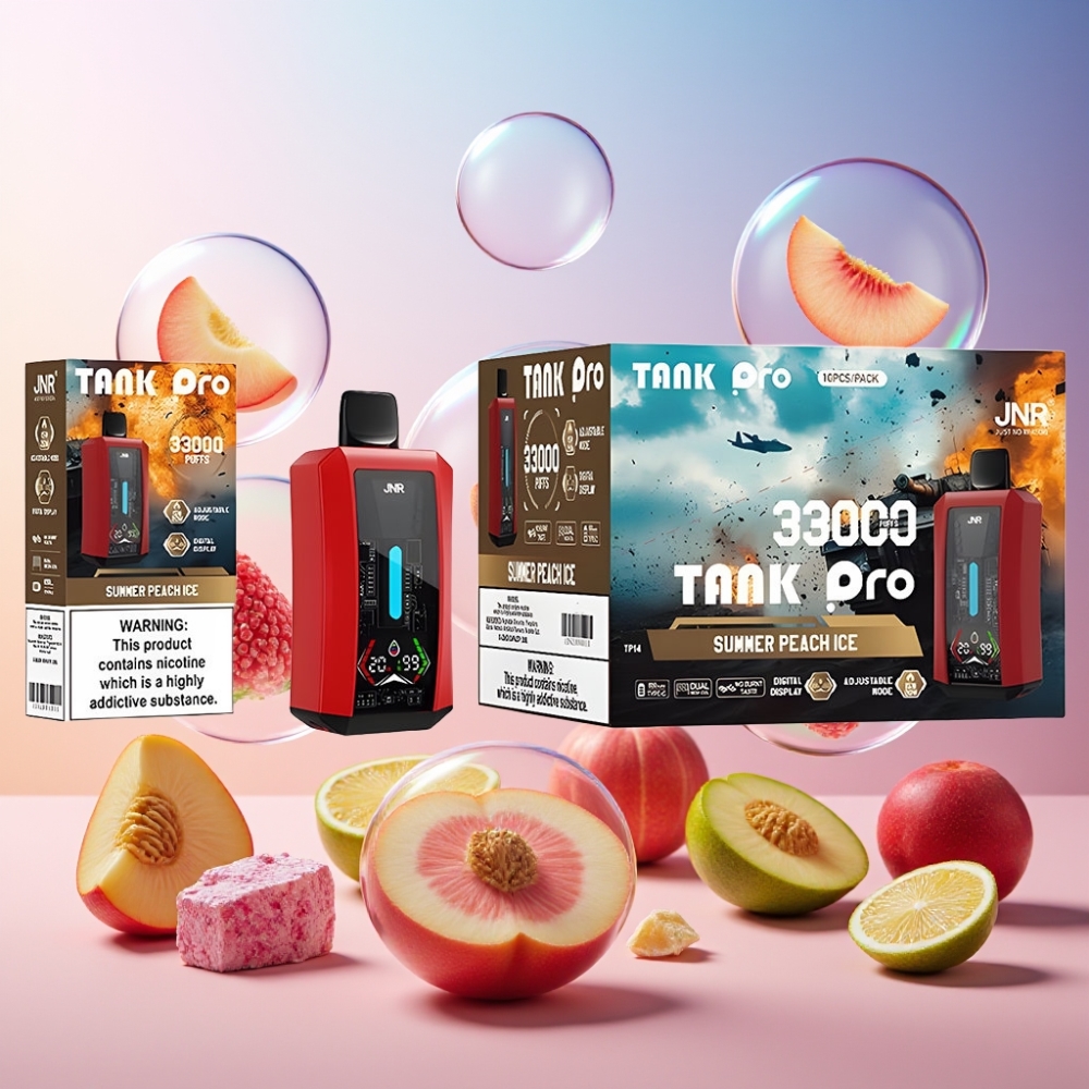 JNR Tank Pro 33000 Puffs Einweg-Vape Sommer Pfirsich Eis mit 28ml e-Liquid, Digital Display, Dual Mesh Coil, Type-C Ladeanschluss – Schweiz großhandel