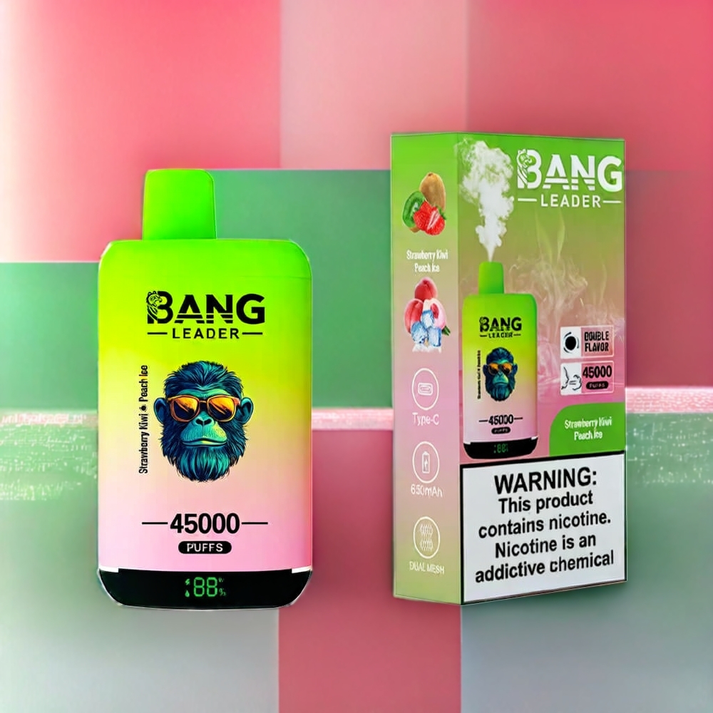 Bang Leader 45000 Puffs Einweg-Vape Schweiz Großhandel – 0-5% Nikotin, 45000 Züge, Smart Display, Typ-C USB, Doppelgeschmack Erdbeer-Kiwi-Pfirsich-Eis