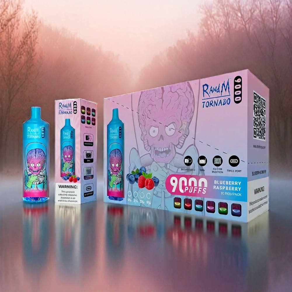 RandM Tornado 9000 Puffs – 18 mL, Mesh Coil, RGB Display, Blueberry Himbeere (Schweiz großhandel)