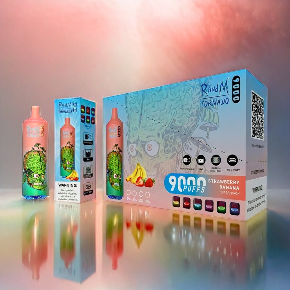 RandM Tornado 9000 Puffs mit 850 mAh Akku und 18 mL Fassungsvermögen - Schweiz großhandel - Strawberry Banana