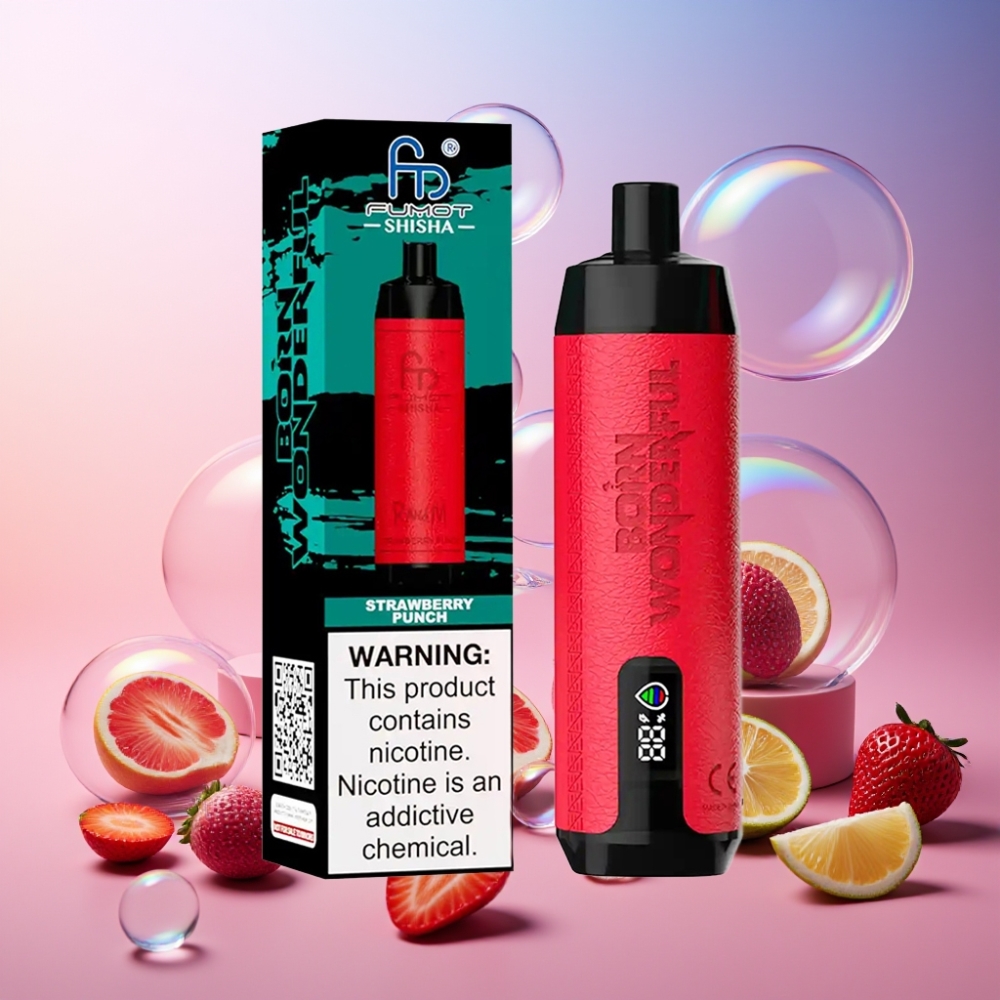 RandM Fumot Shisha 10000 Puffs Einweg-Vape Erdbeer-Punch mit LED-Anzeige, 18ml Liquid, 850mAh Akku – Schweiz Großhandel