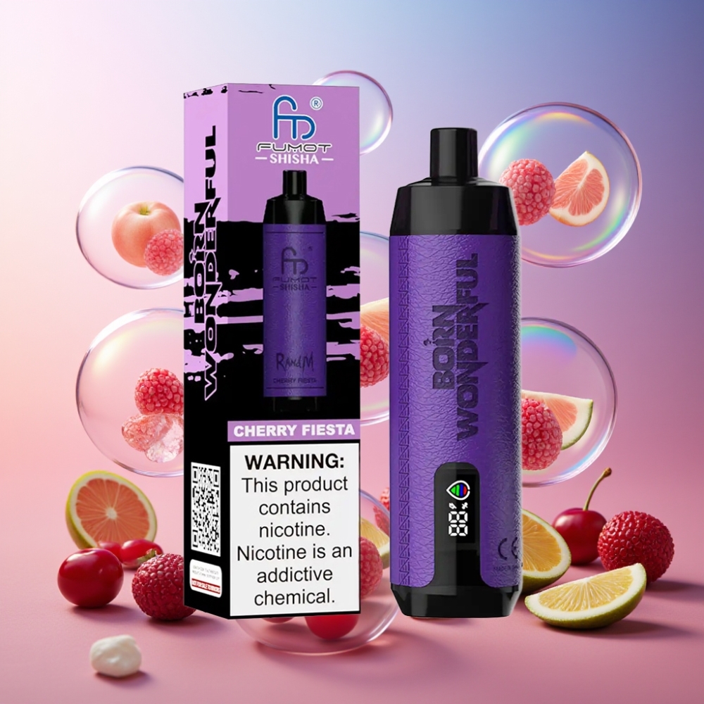 RandM Fumot Shisha 10000 Puffs Einweg-Vape Kirschfest (Cherry Fiesta) Schweiz Großhandel mit LED-Anzeige, 18ml Liquid, 850 mAh