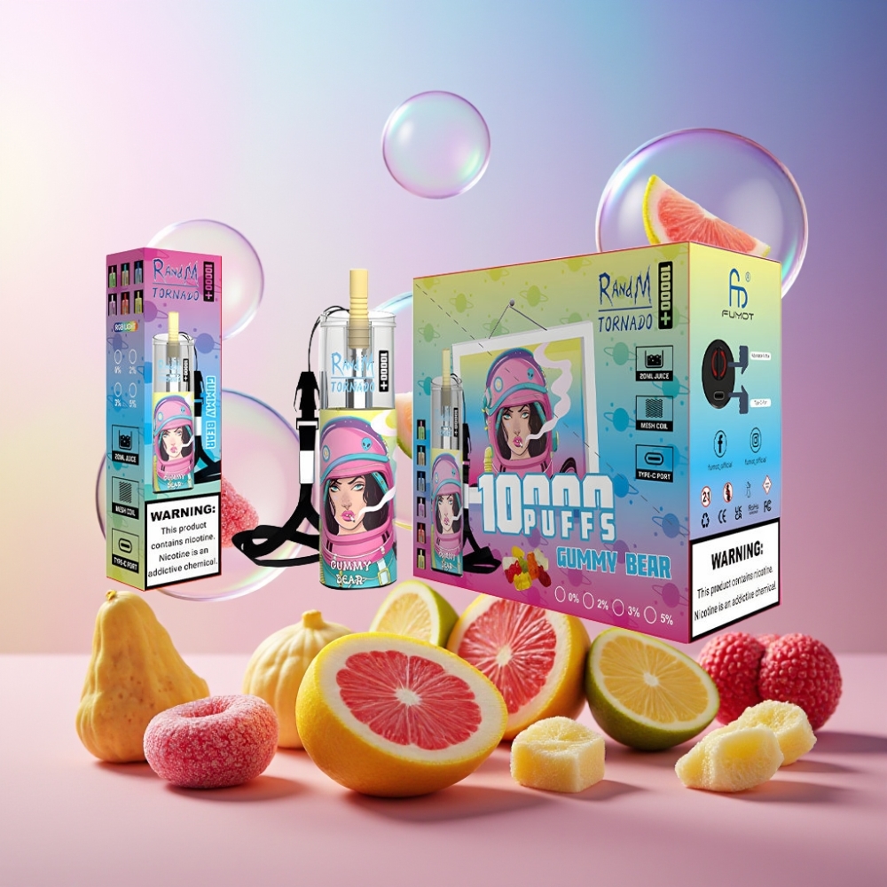 Fumot Original RandM Tornado 10000 Plus Einweg-Vape Gummy Bär (10000 Puffs, 20 ml, 850 mAh, Mesh Coil, Type-C, RGB Licht) Schweiz Großhandel