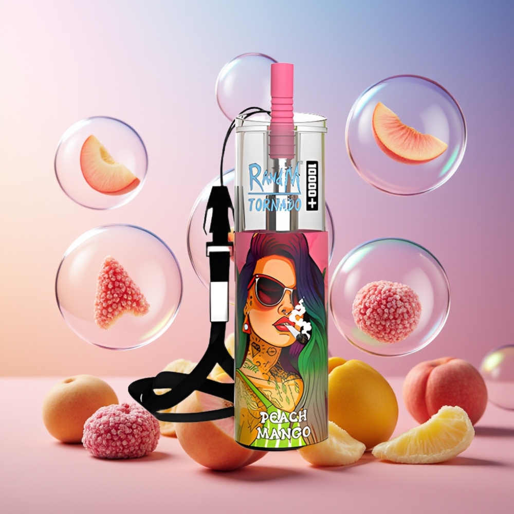 Fumot Original RandM Tornado 10000 Plus Einweg-Vape Pfirsich Mango (10000 Puffs, 20 ml, Mesh Coil, Type-C Port, RGB Lights) Schweiz großhandel