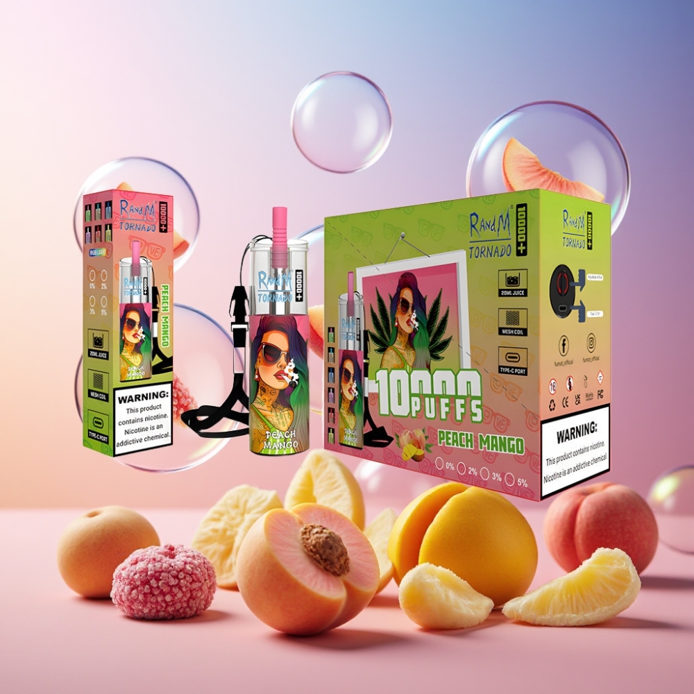 Fumot Original RandM Tornado 10000 Plus Einweg-Vape Pfirsich Mango (10000 Puffs, 20 ml, Mesh Coil, Type-C Port, RGB Lights) Schweiz großhandel