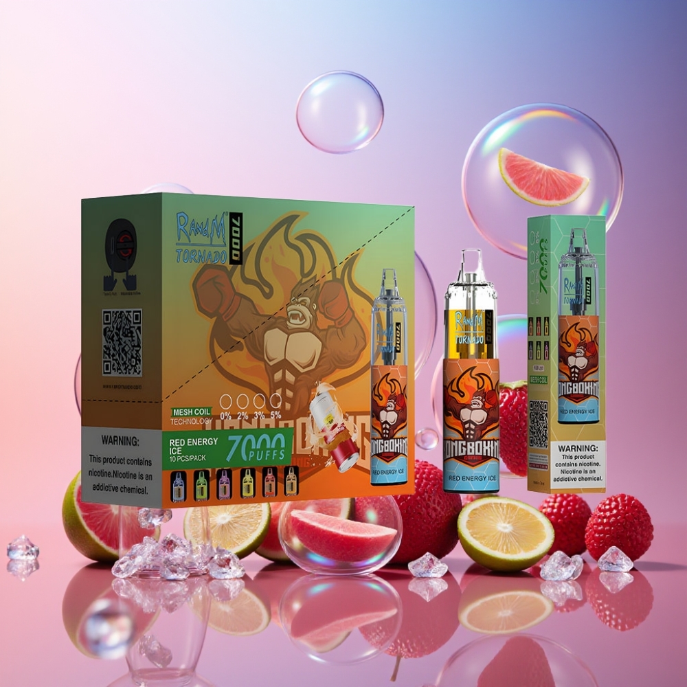 Fumot Tornado 7000 Einweg-Vape Schweiz Großhandel – 7000 Puffs, 14 ML E-Liquid, 850 MAH, RGB Licht, Roter Energy Ice Geschmack