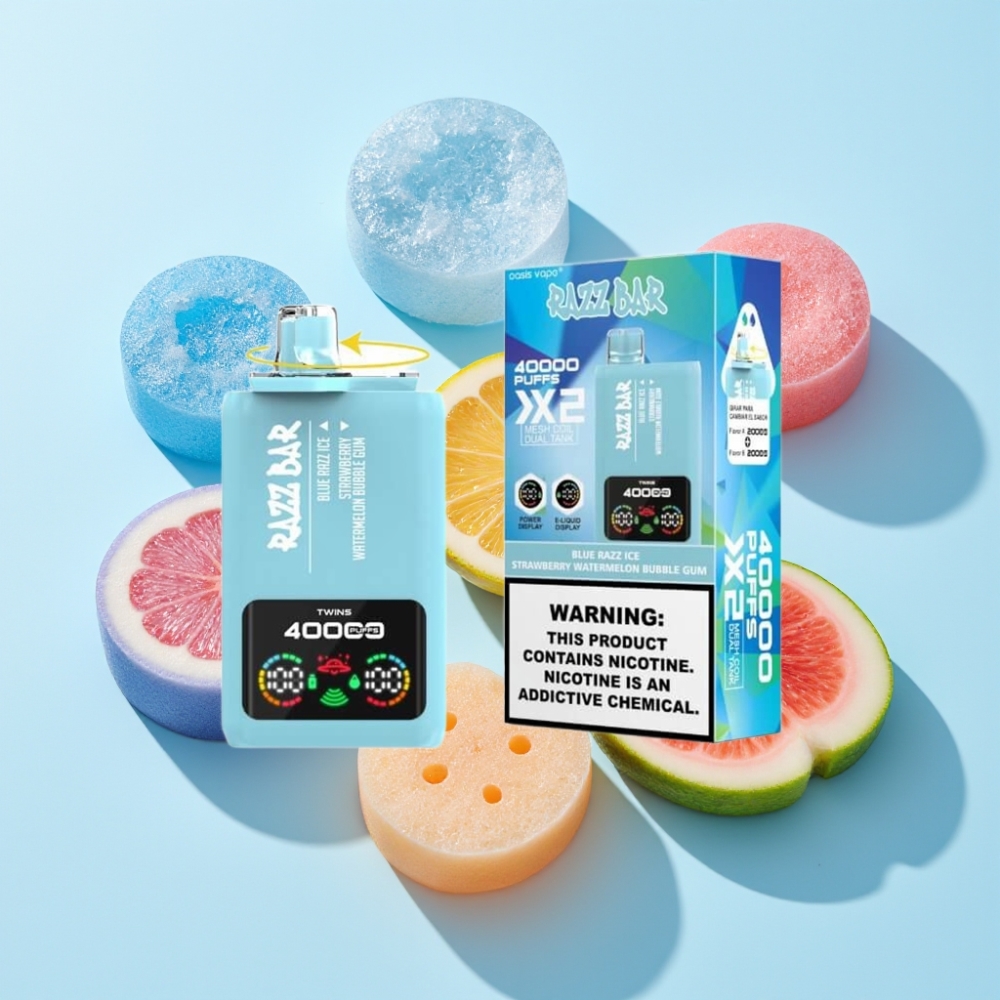 Razz Bar 40000 Puffs Einweg-Vape Deutschland Schweiz Großhandel – Blaue Himbeere Eis & Erdbeer-Wassermelone Bubble Gum, Power Screen Display, 650 mAh Battery, Type-C Port