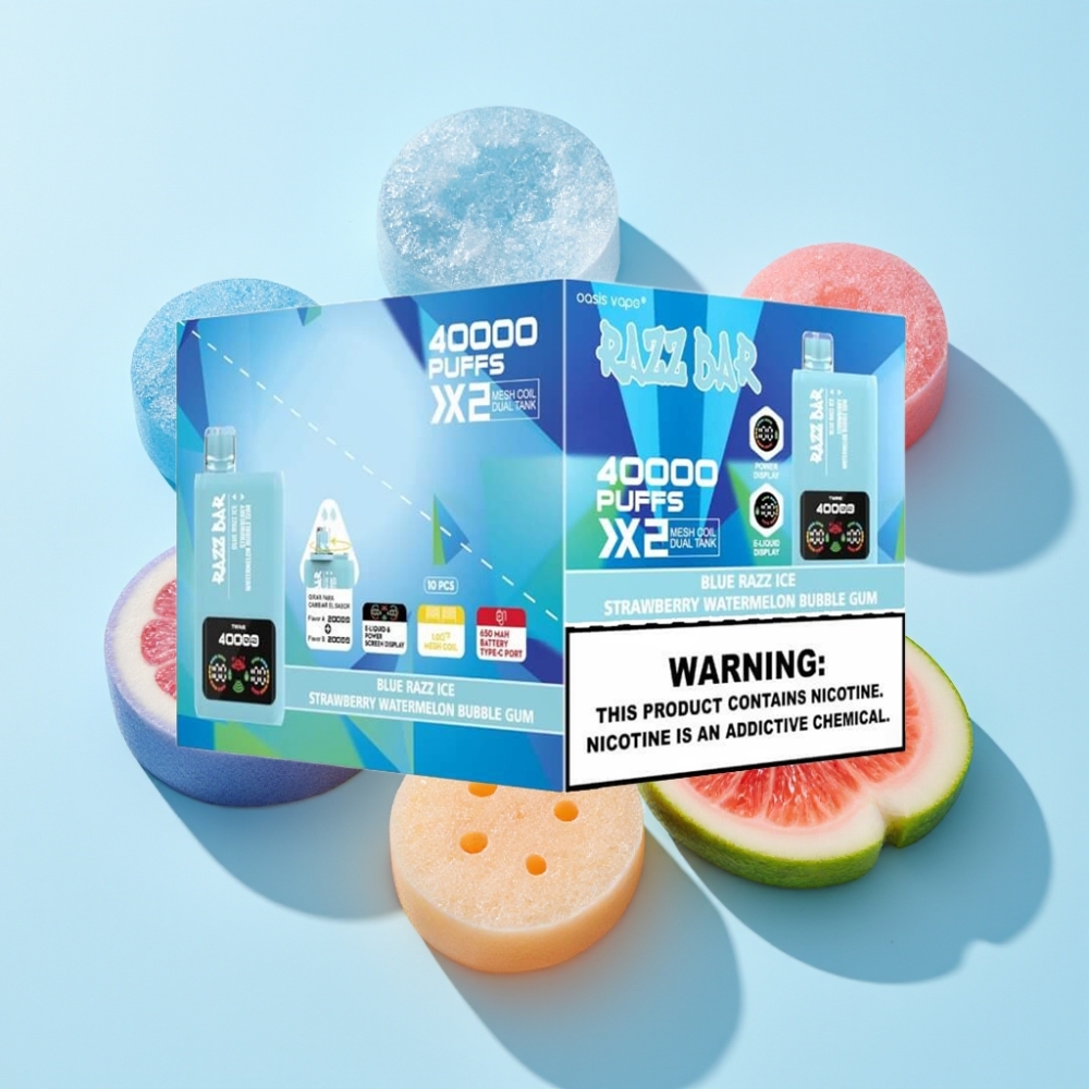 Razz Bar 40000 Puffs Einweg-Vape Deutschland Schweiz Großhandel – Blaue Himbeere Eis & Erdbeer-Wassermelone Bubble Gum, Power Screen Display, 650 mAh Battery, Type-C Port