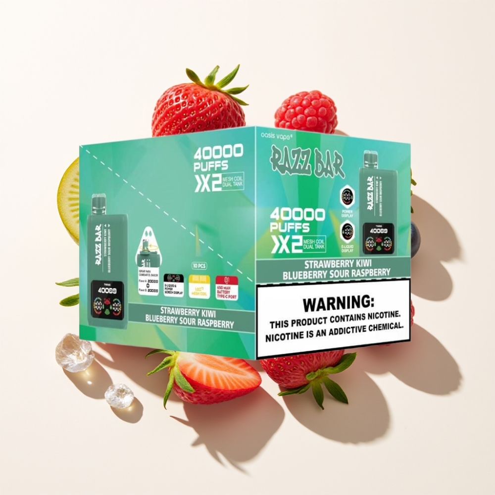 Razz Bar 40000 Puffs Einweg-Vape Erdbeer-Kiwi & Blaubeer-Sauer-Himbeer – Power Screen Display, 1.0Ω 2 Mesh Coil, 650mAh Battery, Schweiz Großhandel