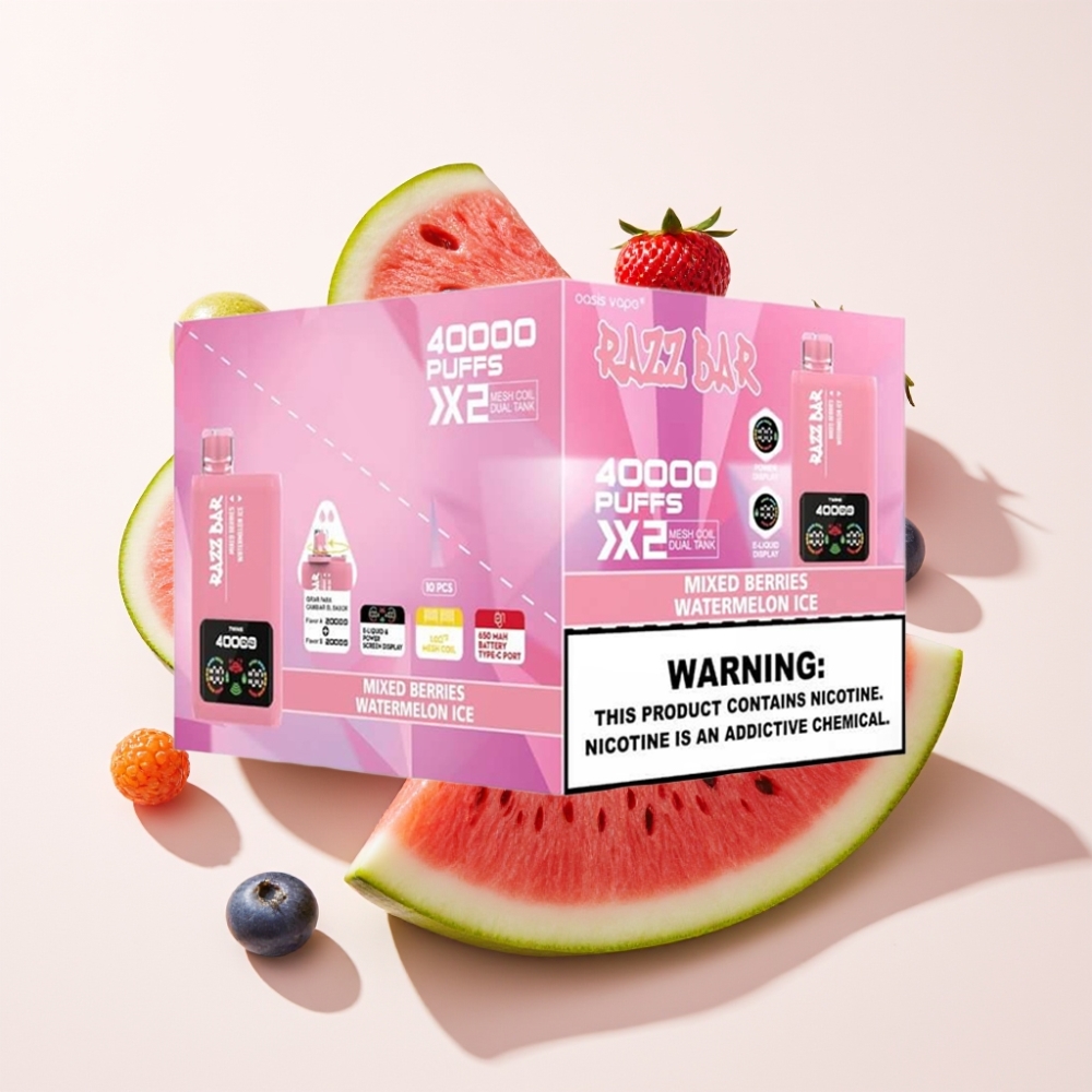 Razz Bar 40000 Puffs Einweg-Vape – Power Screen Display, 1.0Ω 2 Mesh Coil, 650 mAh Battery, Type-C Port, Mischbeeren & Wassermelone Eis, Schweiz großhandel