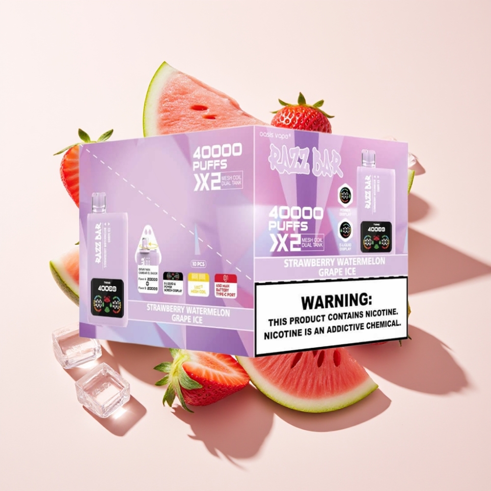 Razz Bar 40000 Puffs Einweg-Vape – Power Screen Display, 1.0Ω 2 Mesh Coil, 650 mAh, Typ-C, Schweiz Großhandel – Erdbeer-Wassermelone & Trauben-Eis