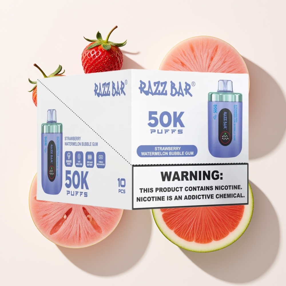 Razz Bar 50K Puffs Einweg-Vape Erdbeer Wassermelone Bubble Gum – 50000 Puffs, 1.0 Ohm Mesh Coil, 650 mAh Akku, Schweiz Großhandel