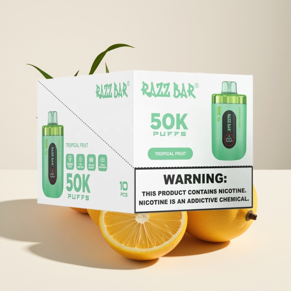 Razz Bar 50K Puffs Einweg-Vape Tropische Frucht – 50000 Züge, 1.0 Ohm Mesh Coil, 650 mAh Akku, Schweiz Großhandel