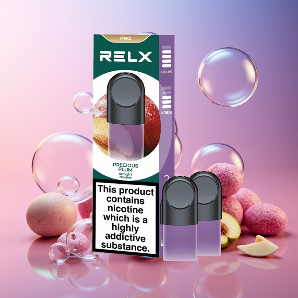 RELX Pod Pro Schweiz Großhandel – 1,8% Nikotin, 1,9 ml Flüssigkeit, Kostlicher Geschmack & Super Sanftes Erlebnis, Edle Pflaume