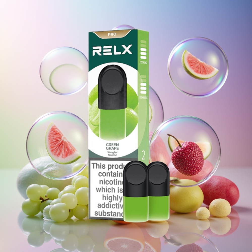 RELX Pod Pro Schweiz Großhandel – Grüne Traube, 1,8% Nikotin, 1,9 ml Flüssigkeit, Großartiger Geschmack & Super Sanftes Erlebnis