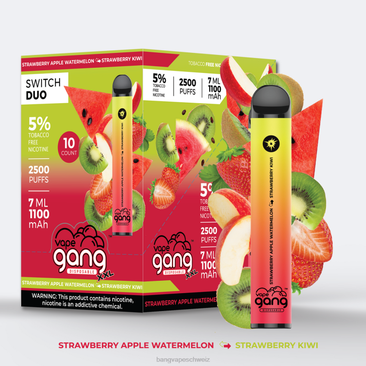 4X0J45 Vape Gang Switch Duo 2 Geschmacksrichtungen (10er-Packung) - Vape Gang Schweiz Erdbeer-Apfel-Wassermelone - Erdbeer-Kiwi
